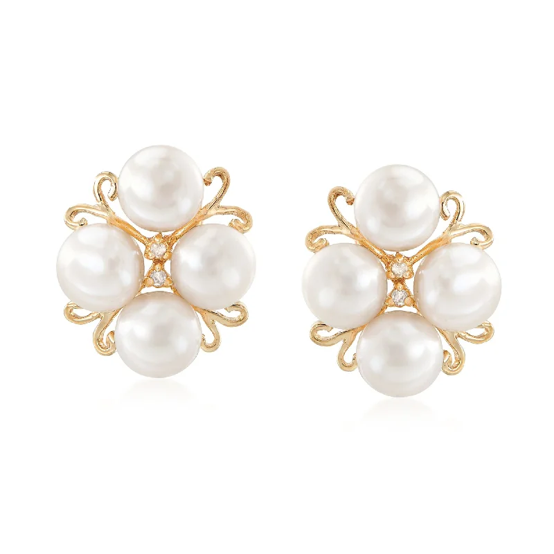 Ross-Simons 6-6.5mm Cultured Pearl Cluster Earrings With Diamond Accents in 14kt Gold