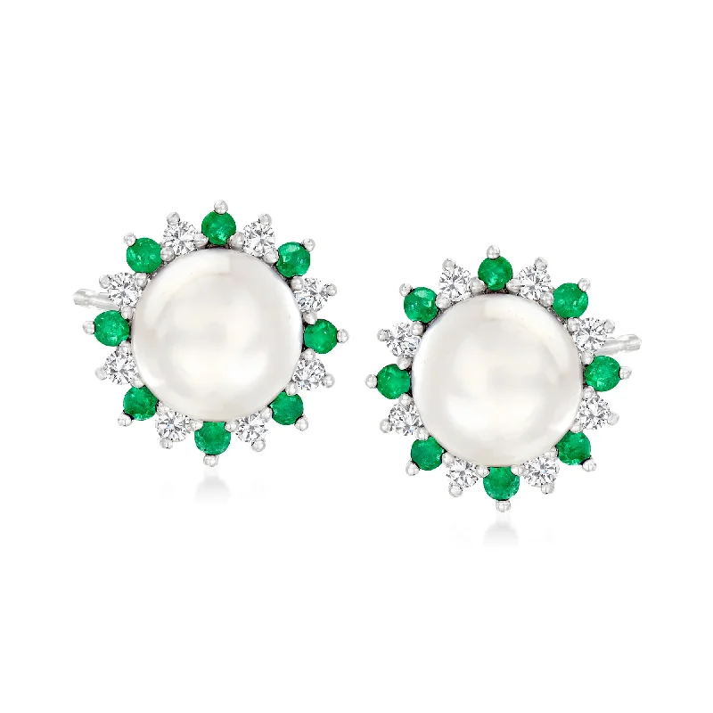 Ross-Simons 7-7.5mm Cultured Pearl and . Emerald Earrings With . White Sapphire in Sterling Silver