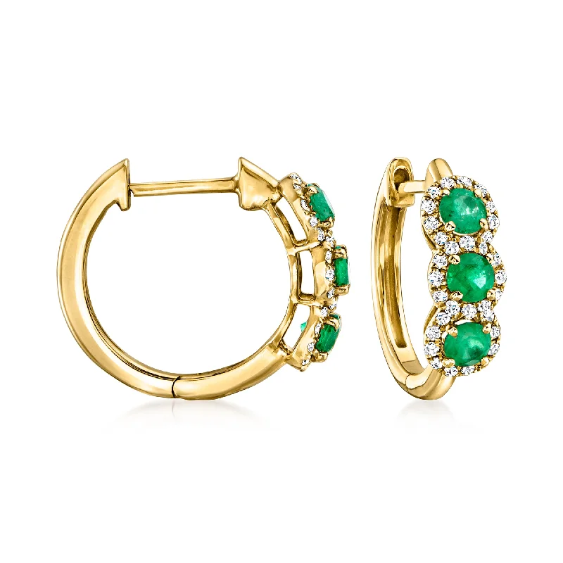 Ross-Simons Emerald and . Diamond Hoop Earrings in 14kt Yellow Gold