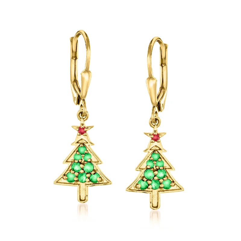 Ross-Simons Emerald Christmas Tree Drop Earrings With Ruby Accents in 18kt Gold Over Sterling