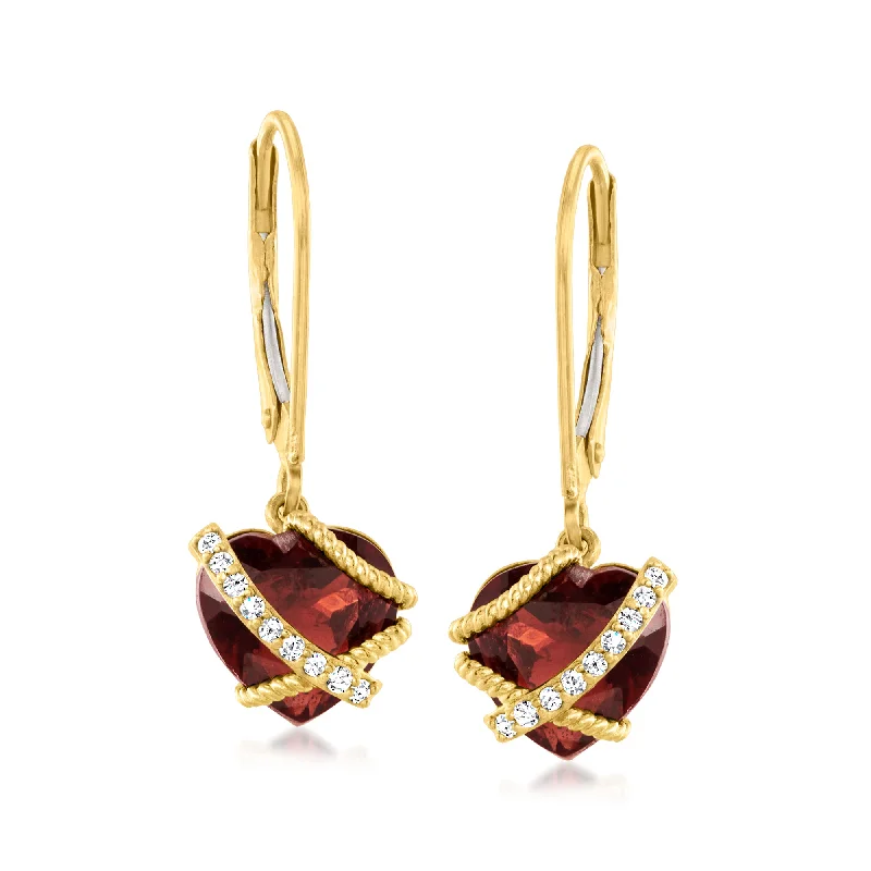 Ross-Simons Garnet and Diamond-Accented Heart Drop Earrings in 14kt Yellow Gold