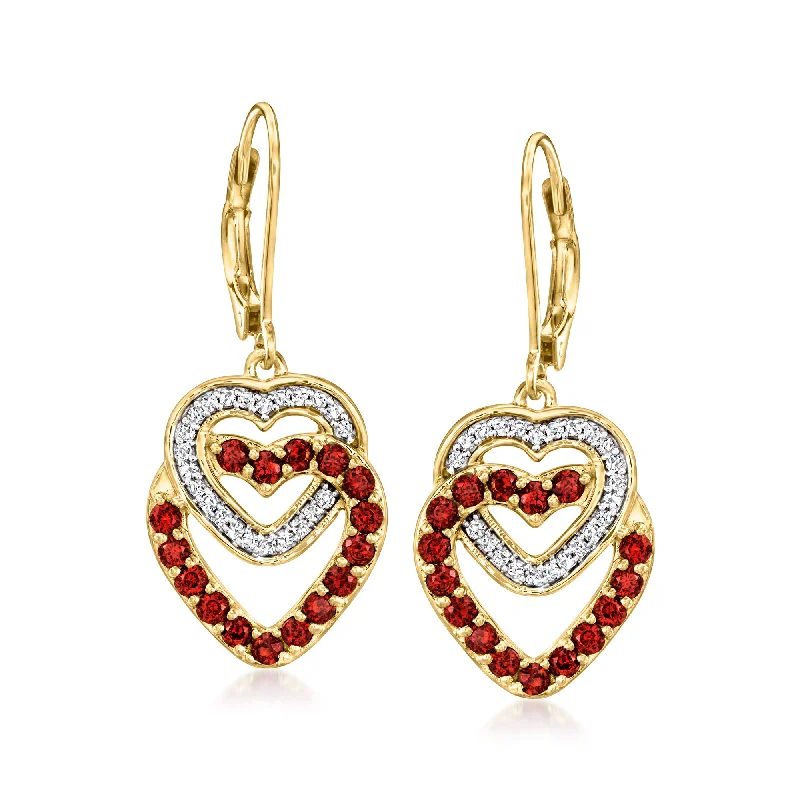 Ross-Simons Garnet and . Diamond Double-Heart Drop Earrings in 18kt Gold Over Sterling