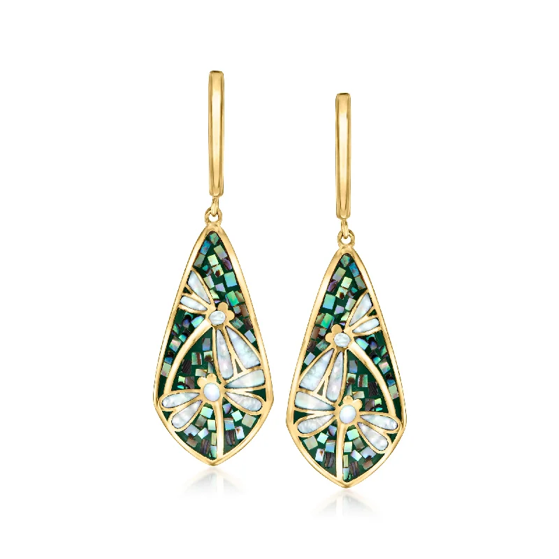 Ross-Simons Mother-Of-Pearl and Abalone Shell Dragonfly Drop Earrings in 18kt Gold Over Sterling