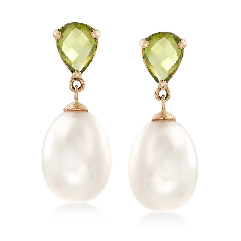 Ross-Simons Peridot and 10-10.5mm Cultured Pearl Drop Earrings in 14kt Yellow Gold