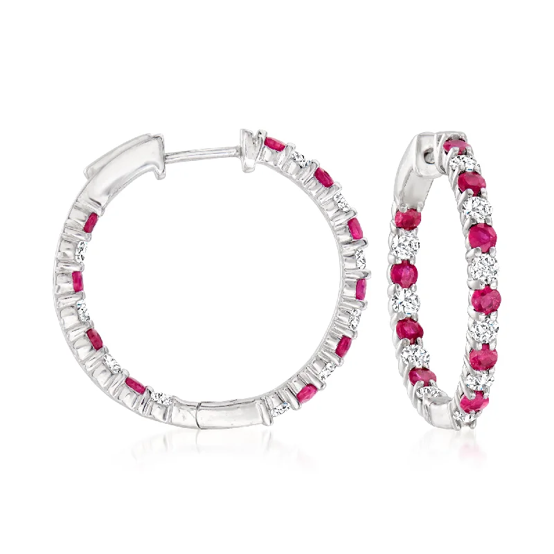 Ross-Simons Ruby and Diamond Inside-Outside Hoop Earrings in Sterling Silver