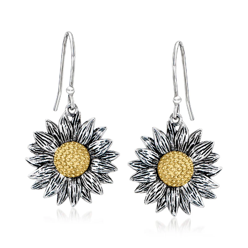 Ross-Simons Sterling Silver and 14kt Yellow Gold Sunflower Drop Earrings