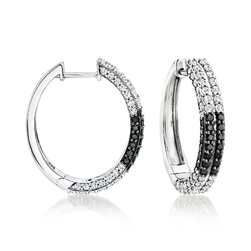 Ross-Simons White and Black Diamond Checkered Hoop Earrings in Sterling Silver