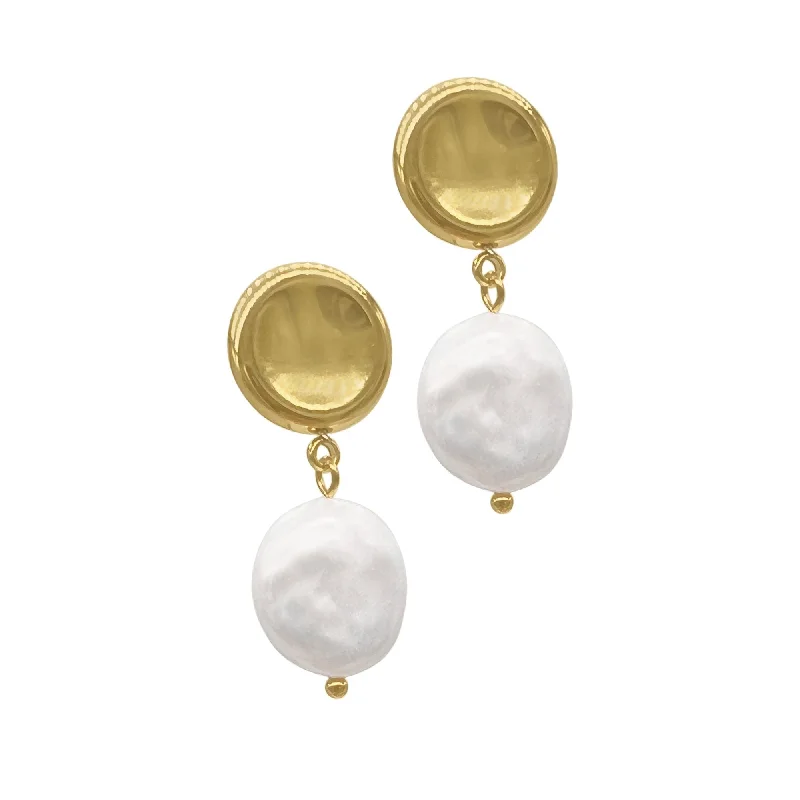 Tarnish Resistant 14k Gold Plated Coin Pearl Drop Earrings