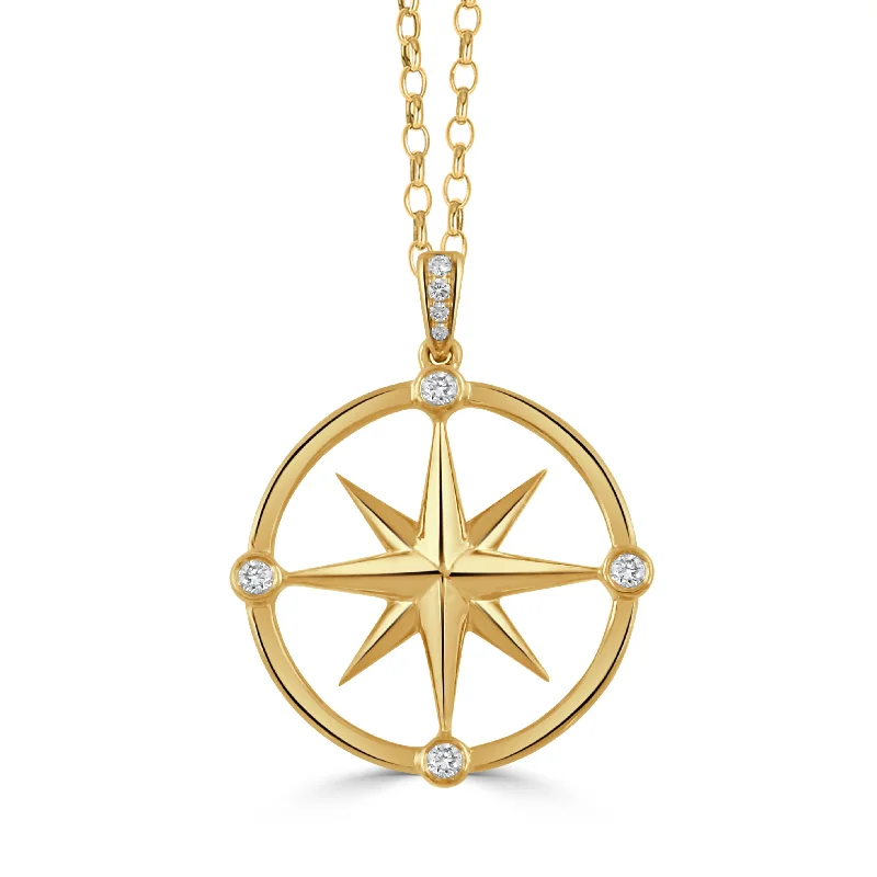 Diamond 18K Gold Starburst Compass Rose Pendant Necklace