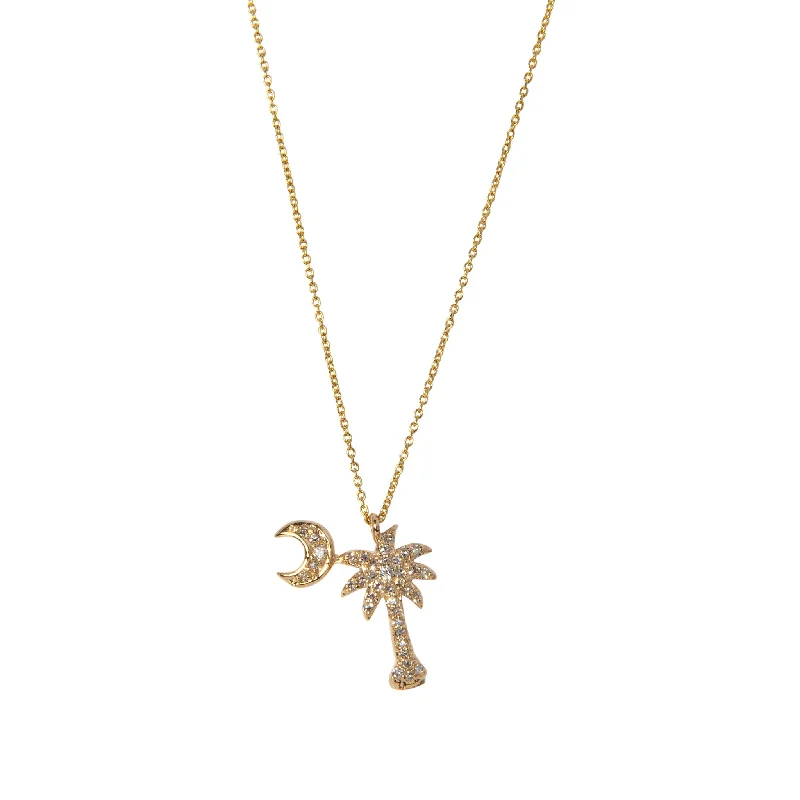 Diamond Palmetto Tree & Crescent 14K Yellow Gold Pendant Necklace