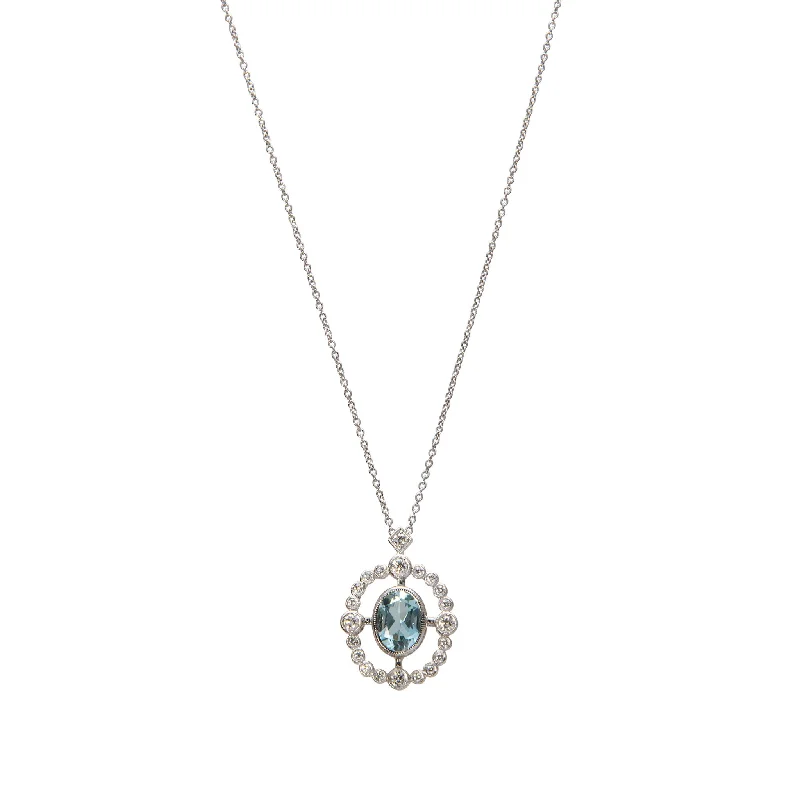 Oval Aquamarine & Diamond 14K White Gold Pendant Necklace