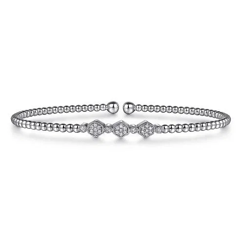 14K White Gold Bujukan Bead and Hexagon 0.13cttw Cluster Diamond Bangle