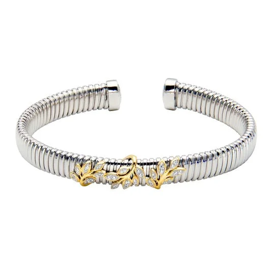 CZ Leaf Gold Plated Silver Tubogas Cuff Bangle