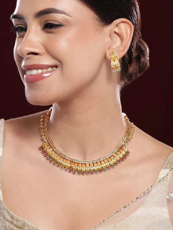 Dainty Floral Jewelry For Feminine Elegance Rubans 22K Gold-Plated Ruby & Emerald Stones Handcrafted Traditional Necklace Set