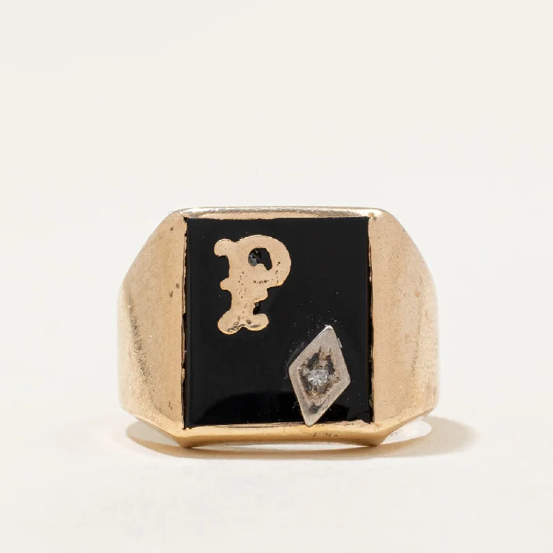 Elevate Your Outfit With Discounted Statement Jewelry Black Onyx & Diamond 'P' Signet Ring | 5.30ct, 0.01ct | SZ 7.5 |