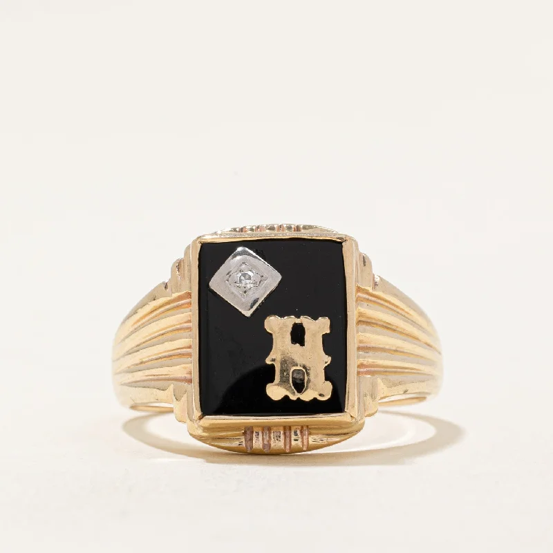 Jewelry Sale Bonanza – Grab Your Sparkle Now Onyx & Diamond 'H' Signet Ring | 3.20ct, 0.01ct | SZ 9.5 |