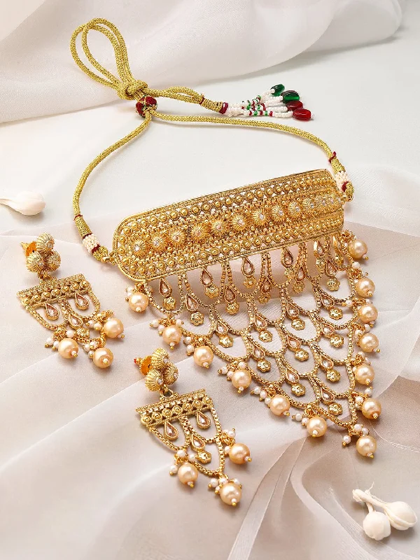 Bestselling Jewelry At Special Promotional Rates Rubans 22K Gold-Plated Choker Necklace Set With Pearls & Intricate Layered Design