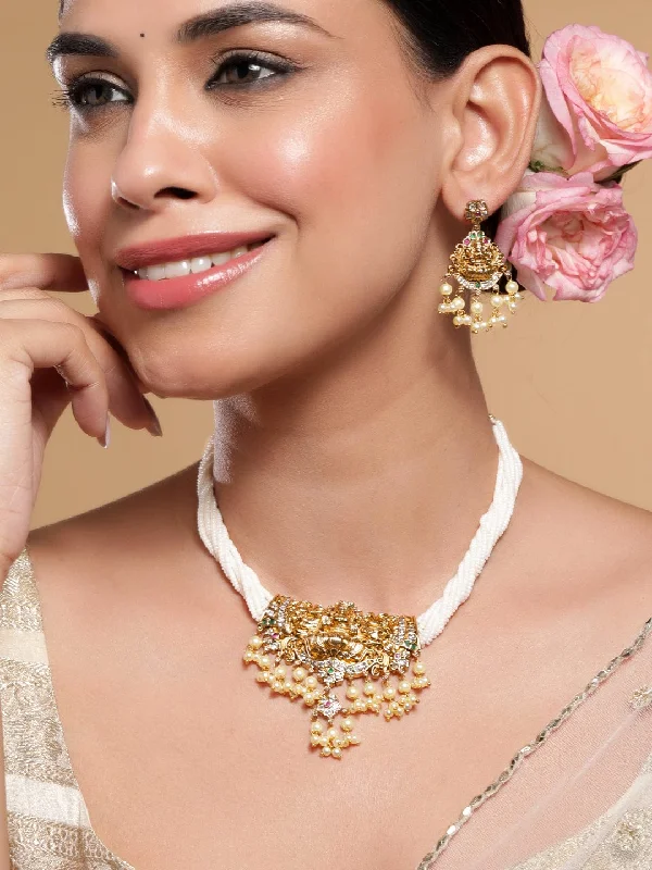 Don't Miss Our Biggest Jewelry Sale Of The Season Rubans 22K Gold-Plated Divine Lakshmi Motif Necklace Set with White Beads & Pearl Drops