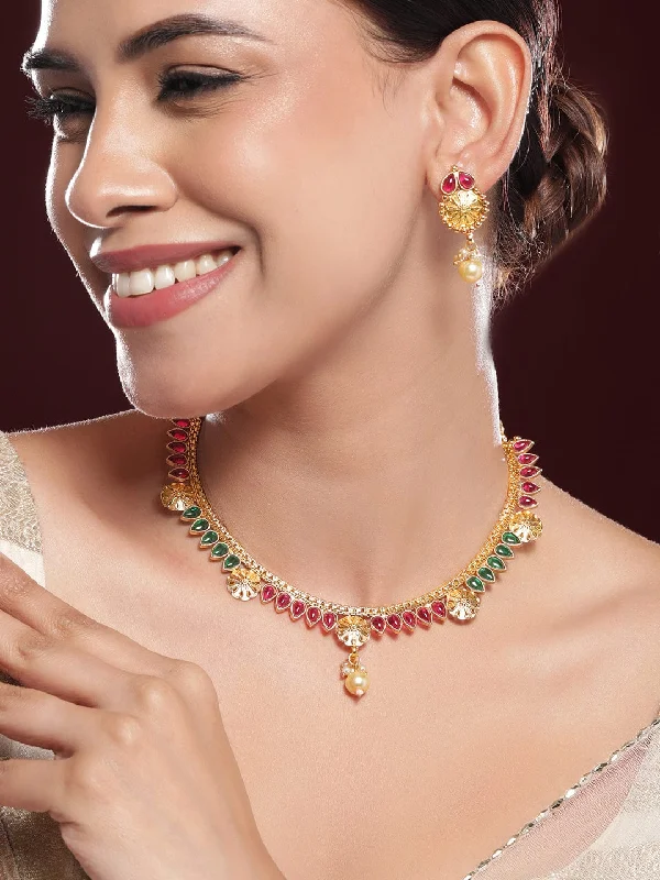 Delicate Crystal Jewelry For Sophisticated Charm Rubans 24K Gold-Plated Ruby Red & Emerald Green Kundan Studded Necklace Set with Pearl Drops