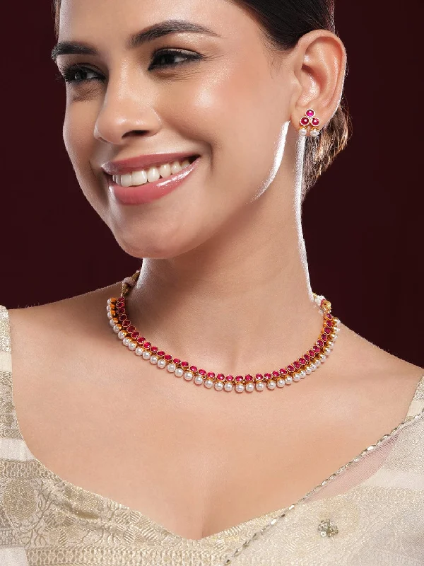 Bold And Beautiful Jewelry Now At Irresistible Prices Rubans 22K Gold-Plated Ruby Pink & Pearl Beaded Traditional Jewellery Set