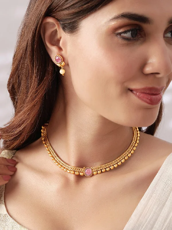 Personalized Jewelry At Special Discount Rates Rubans 22K Gold-Plated Ruby Pink & Pearl Beaded Traditional Necklace Set