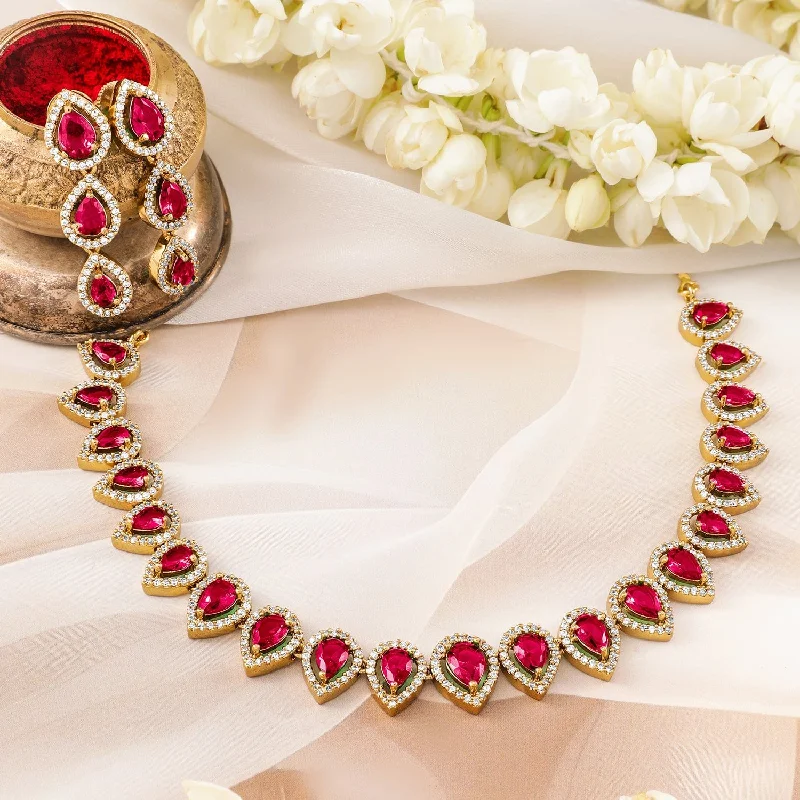 Exclusive Online Discounts On Stylish Jewelry Rubans 22K Gold-Plated Ruby Pink Stones & White Cubic Zirconia Handcrafted Necklace Set