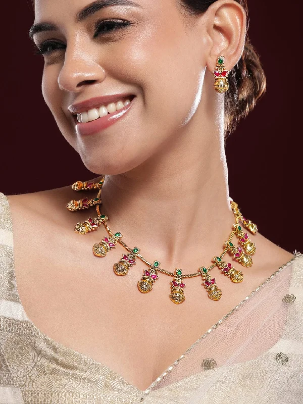 Buy More, Save More On Stunning Jewelry Pieces Rubans 22K Gold-Plated Ruby & Emerald Stone Handcrafted Traditional Necklace Set