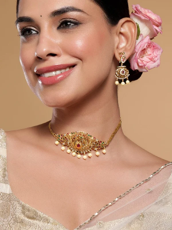 Shop Stylish Jewelry Now And Save Big Rubans 22K Gold-Plated Ruby, Emerald & Zirconia Studded Temple Choker Set with Pearl Drops