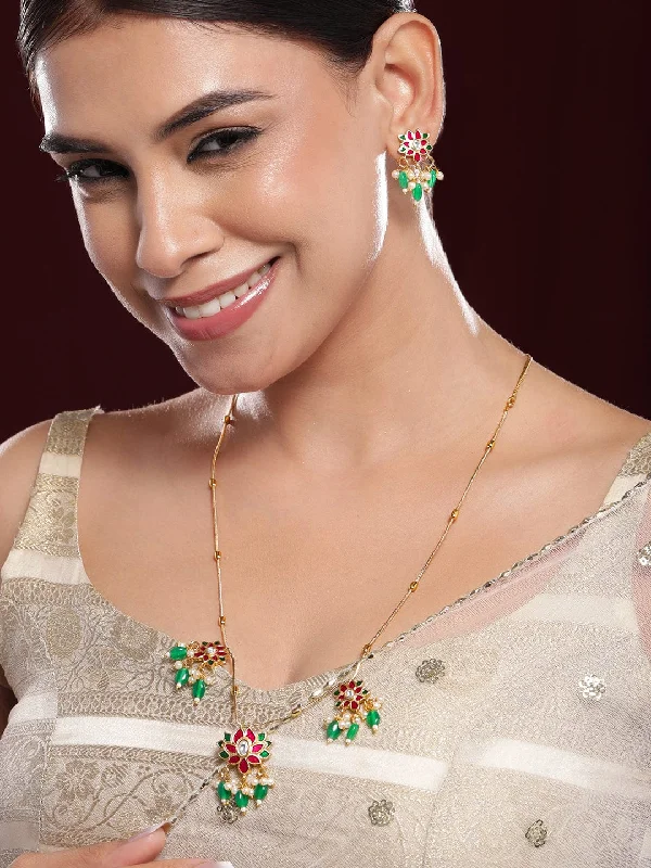 Exclusive Jewelry Sale – Grab Timeless Pieces Now Rubans 22K Gold-Plated Pink & Green Kundan Stone Long Necklace Set with Earrings