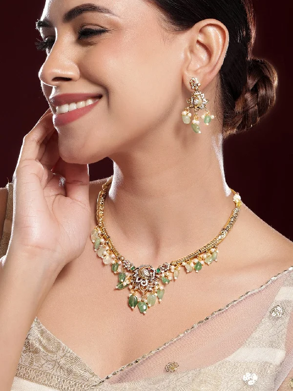 Best Jewelry Deals – Premium Quality At Exclusive Discounts Rubans 22K Gold-Plated with Green Beads, Pearls & Cubic Zirconia Temple Jewellery Set