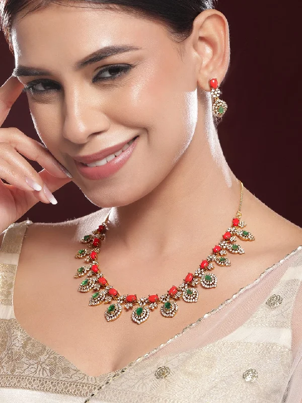 Modern Statement Jewelry For Bold Styling Rubans 22K Gold-Plated Orange & Emerald Light Green Stone with White Cubic Zirconia Handcrafted Jewellery Set