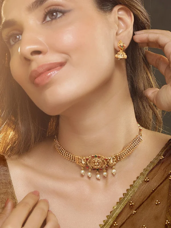 Chic, Trendy, And Affordable Jewelry Sale Rubans 22K Gold Plated Stone-Studded & Pearl Beaded Jewellery Set