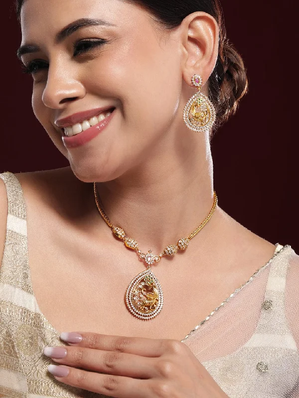 Shine In Style – Shop Jewelry Discounts Today Rubans 22K Gold-Plated Ruby Pink & White Cubic Zirconia Studded Peacock Motif Necklace Set