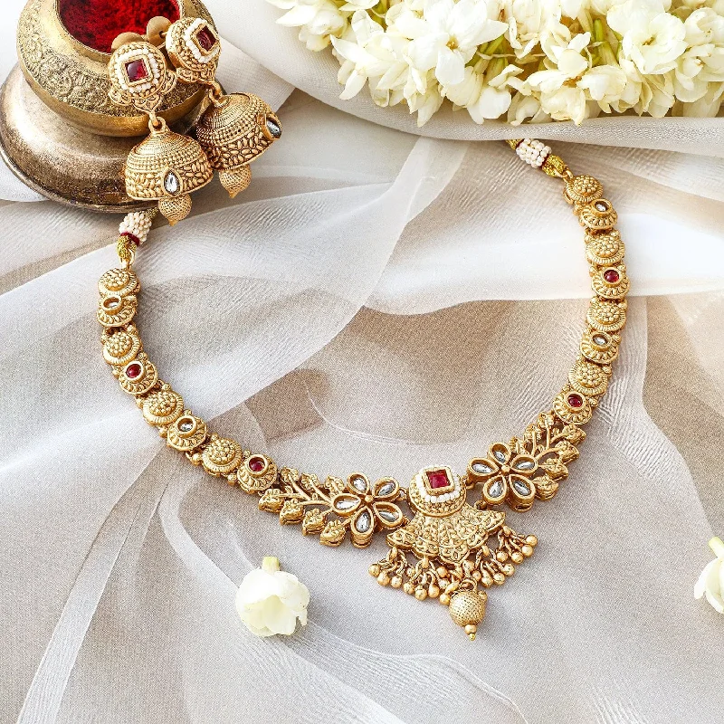 Elevate Your Jewelry Collection With Limited-Time Savings Rubans 24K Gold-Plated Ruby & Kundan Studded Floral Design Traditional Necklace Set with Jhumkas