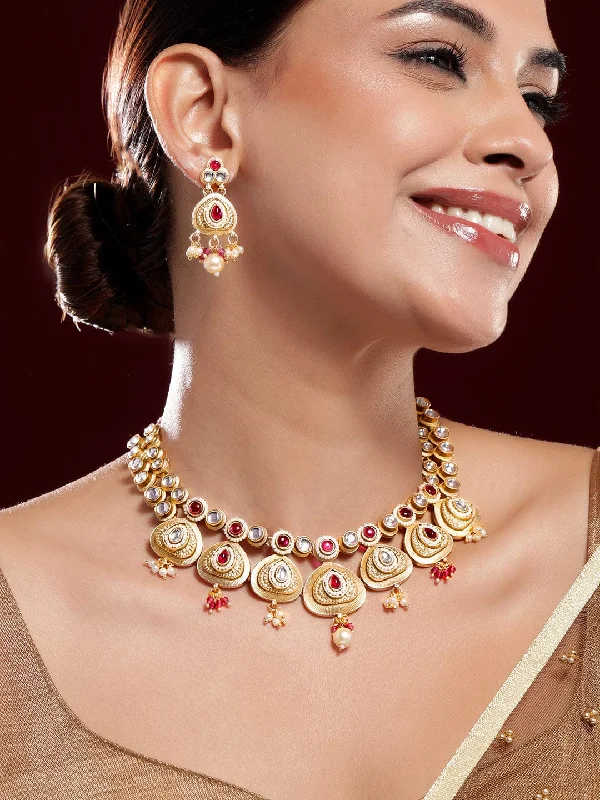 Seasonal Jewelry Sale – Upgrade Your Collection Rubans 22K Gold-Plated Ruby Pink & White Kundan Studded Traditional Necklace Set with Pearl Drops