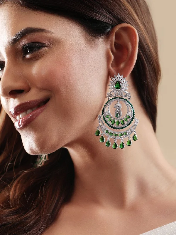 Handcrafted Jewelry Sale – Unique Designs At Low Prices Rubans Exquisite Elegance Rhodium Plated Zirconia and Emerald studded Chandbali Earrings