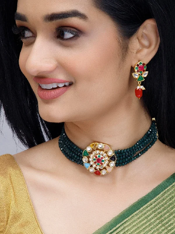 Discounted Luxury Jewelry – Shine Without The Splurge Rubans Gold-Plated & Green Stone-Studded Jewellery Set