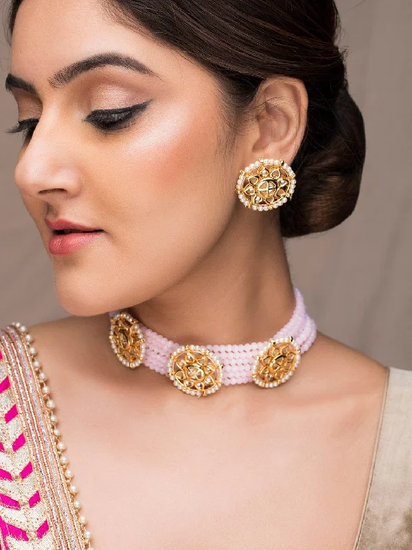 Exclusive Jewelry Sale – Sparkle For Less Rubans Gold-Plated Pink Stone-Studded Beaded Jewellery Set