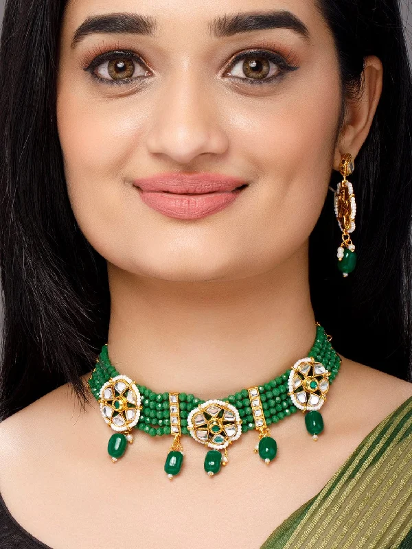 Exclusive Jewelry Bundles At Discounted Rates Rubans Gold-Toned White Kundan-Studded Green Beaded Jewellery Set