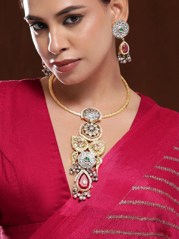 High-Quality Gemstone Jewelry For Special Occasions Rubans 22K Gold-Plated Oxidised Statement Necklace Set with Ruby Red  & Green Stones & Oxidised Silver Beads