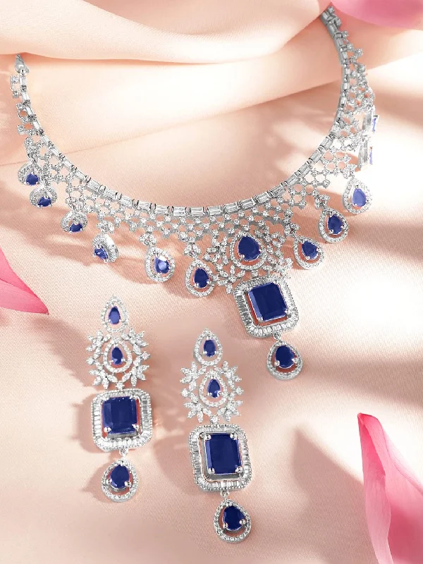 Discover Unique Jewelry With Special Limited-Time Offers Rubans Rhodium-Plated Blue Sapphire & White Cubic Zirconia Handcrafted Premium Jewellery Set