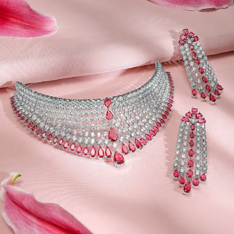 Luxury Jewelry Sale – Sparkle For Less Rubans Rhodium-Plated Ruby & AAA Cubic Zirconia Studded Premium Choker Jewellery Set