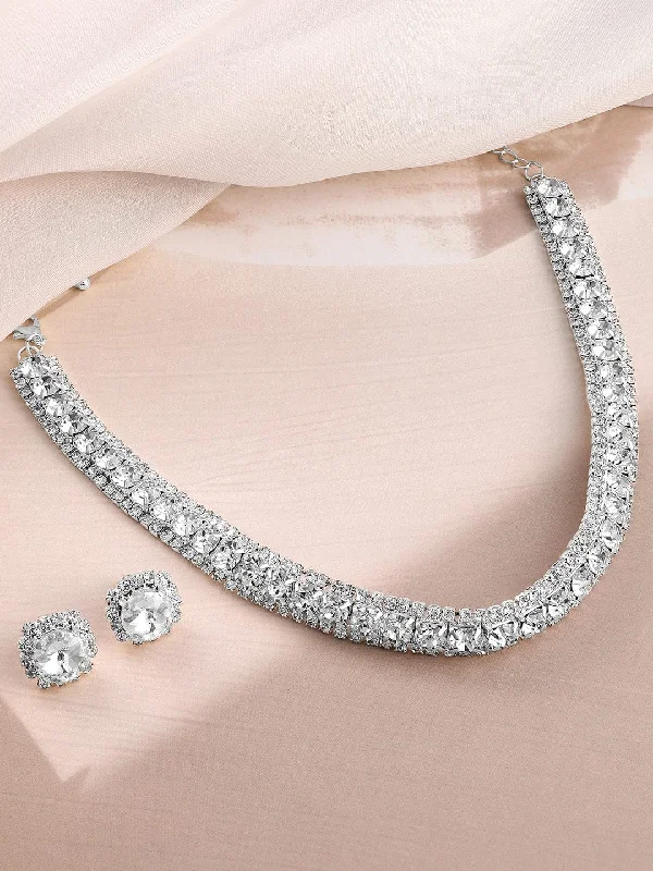 Shop Jewelry That Shines Without The High Price Rubans Rhodium Plated CZ & Crystal Studded Jewellery Set