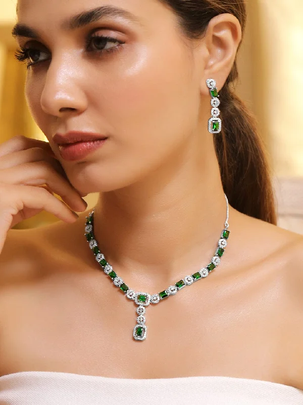 Dazzle With Discounts – Shop Jewelry On Sale Rubans Rhodium Plated Emerald & Cubic Zirconia Studded Premium Jewellery Set