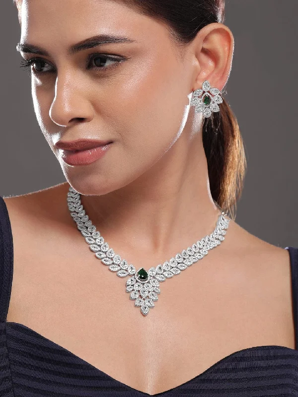 Trendy Minimalist Jewelry For Everyday Wear Rubans Silver-Plated Emerald Green & White Cubic Zirconia Studded Premium Jewellery Set