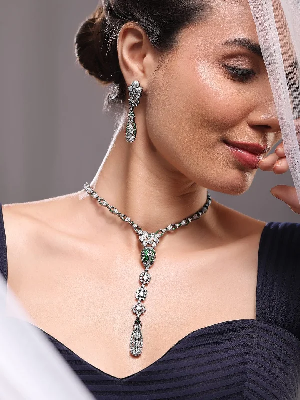 Customized Silver Jewelry For Unique Style Rubans Silver-Plated Emerald Green & AAA Cubic Zirconia Studded Drop Necklace Set with Floral Detailing