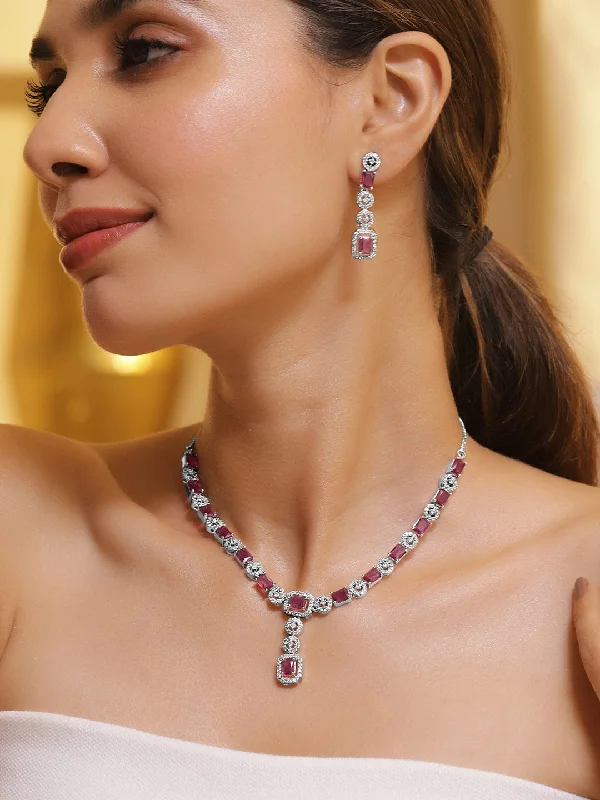 Get Your Favorite Jewelry At The Best Price Rubans Rhodium Plated Ruby & Cubic Zicronia Studded Premium Drop Jewellery Set