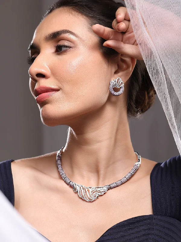 Versatile Layering Jewelry For Effortless Chic Rubans Silver-Plated Lavender & AAA Cubic Zirconia Studded Statement Necklace Set with Artistic Wave Design