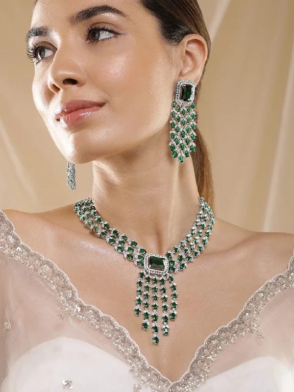 Seasonal Jewelry Deals – Elevate Your Style Rubans Silver-Plated Emerald Green & Cubic Zirconia Studded Luxurious Statement Multilayer Jewellery Set