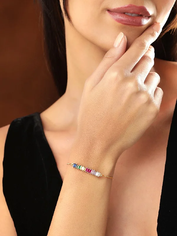 Personalized Jewelry Sale – Meaningful Gifts At Great Prices Rubans Voguish 18K Gold Plated Stainless Steel Waterproof Bracelet With Multicoloured Baguette Zircons.